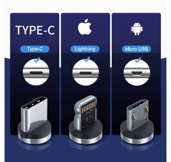 Кабель Magnetics MC-12B 3в1 магнітний USB - Micro USB / Type-C / Lightning 66 Вт